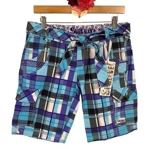 Sublevel shorts blue plaid belted tie waist cargo 11” inseam size S NWT